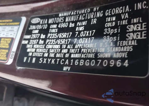 2011 Kia Sorento Lx from USA, damaged, VIN 5XYKTCA16BG070964